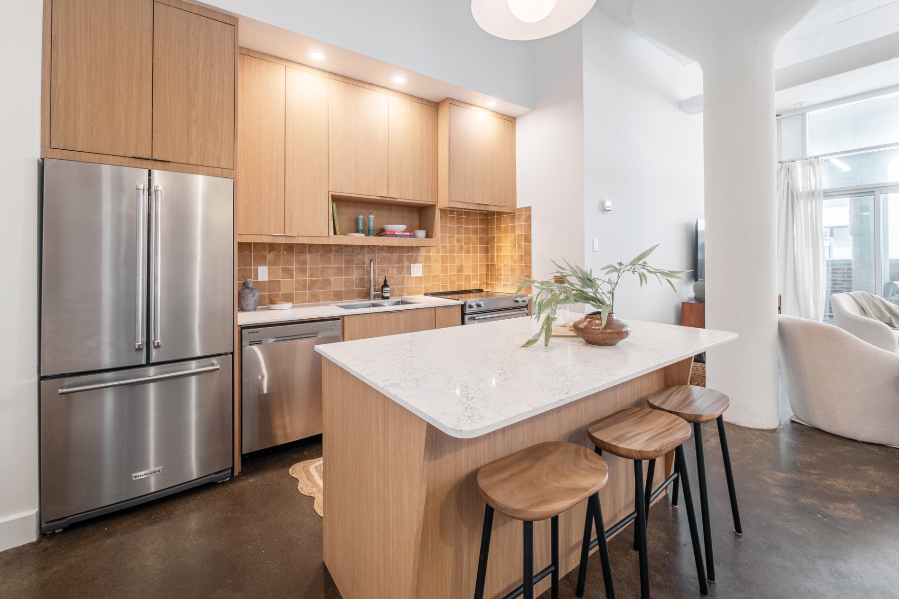 Kitchen island with wood stools