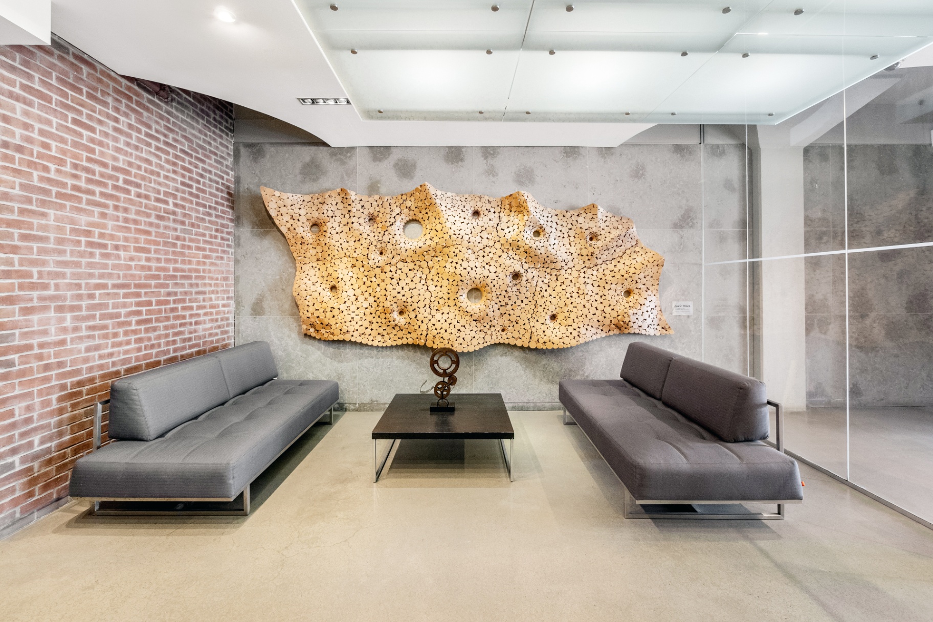 Building lobby with wood art installation
