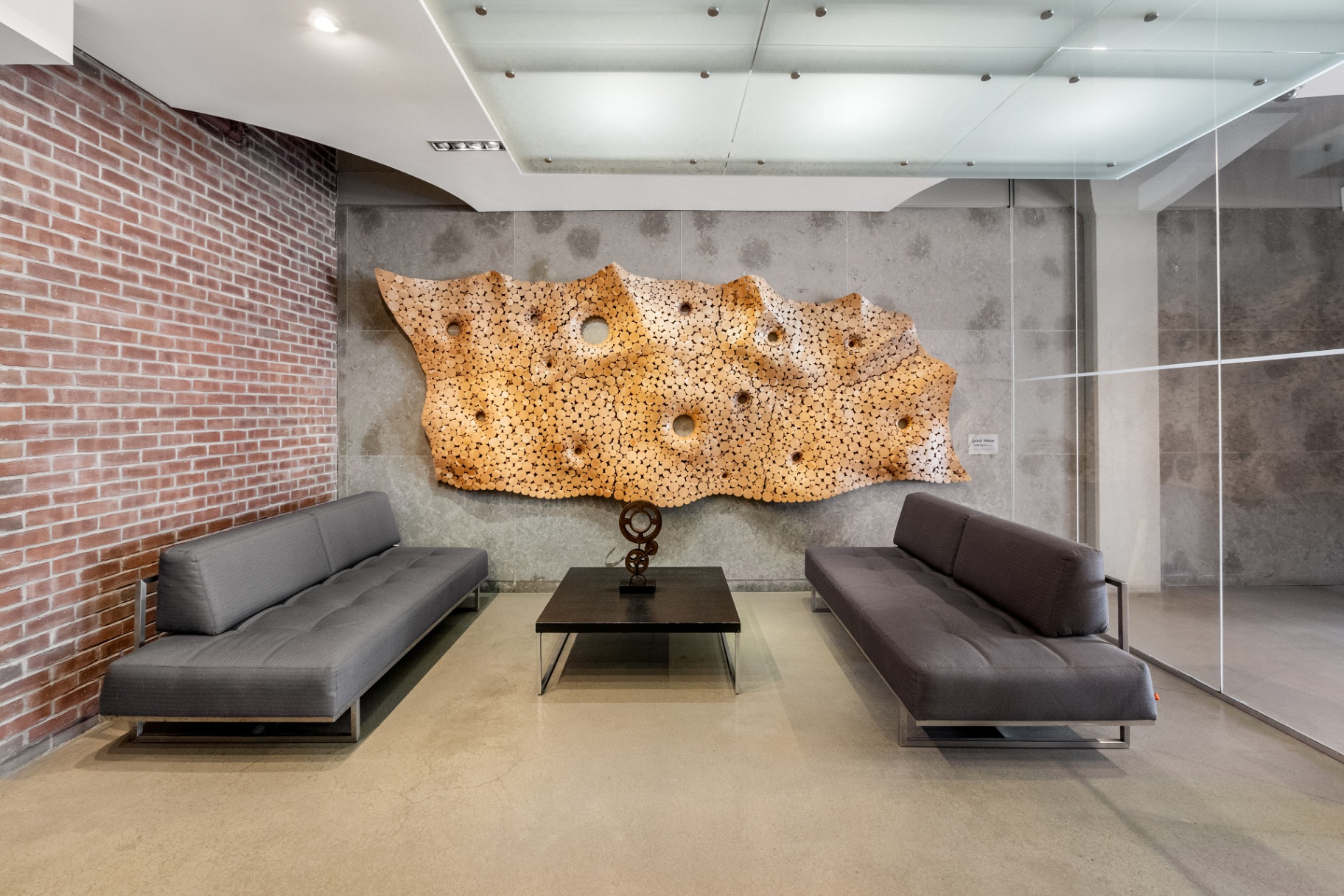 Building lobby with sculptural wall art