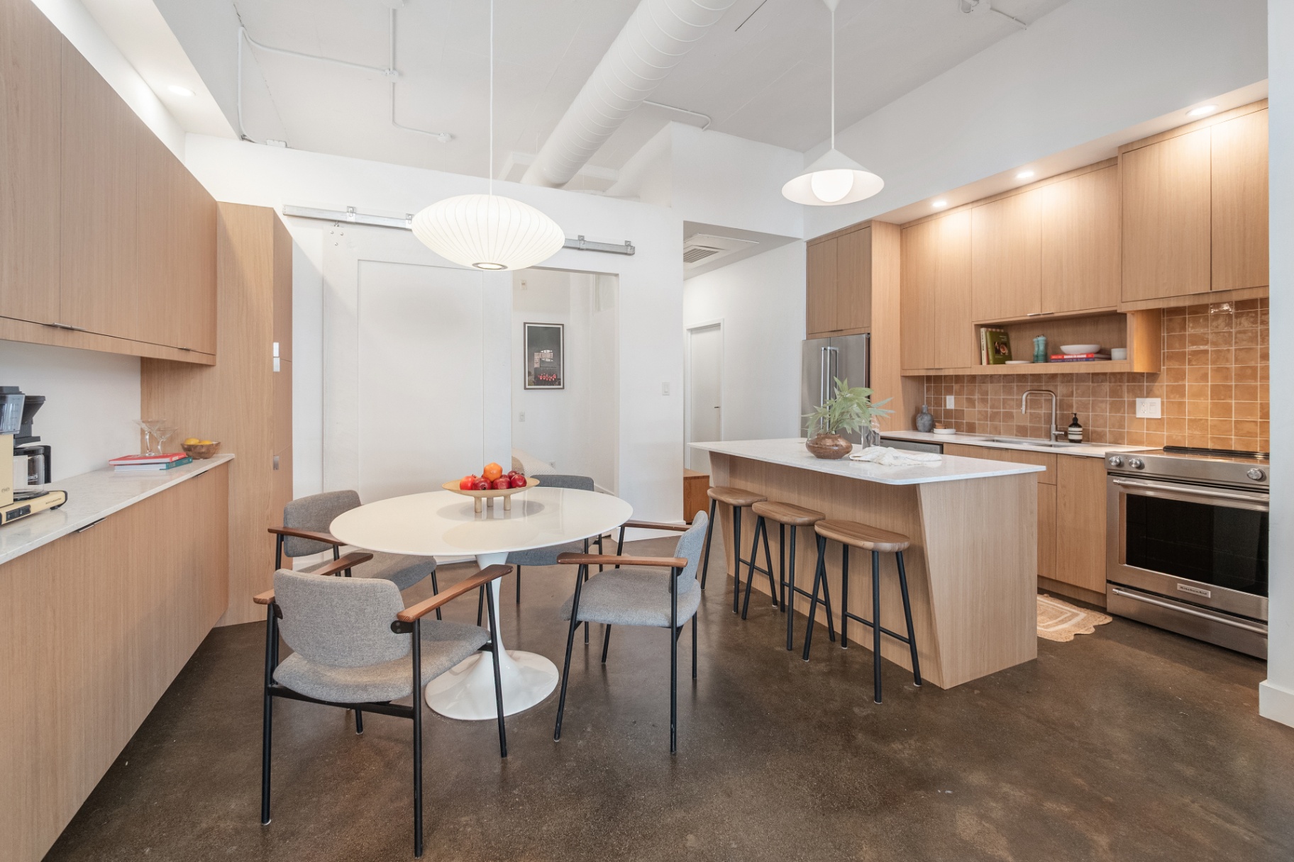 Wide kitchen and dining room