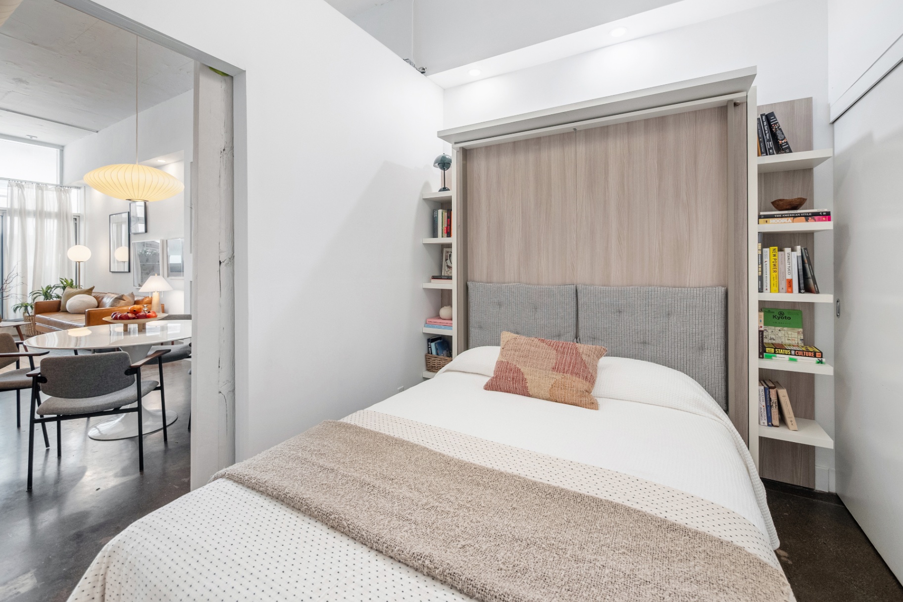 Murphy bed alcove with view to living area